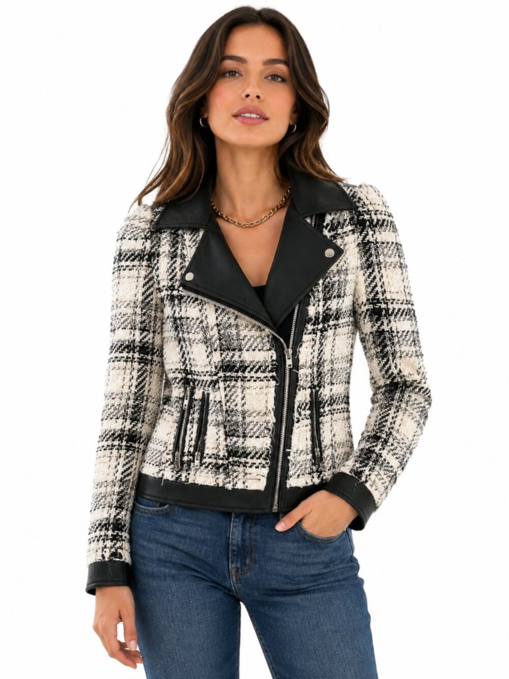 Coco Y Club Tweed & Faux Leather Moto Jacket | Size XS